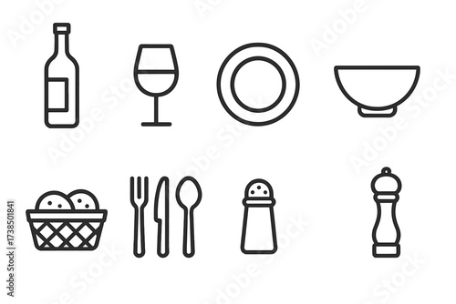 Romantic Dinner Icon Set. Outline icon set of romantic dinner tableware: wine bottle, wine glass, dinner plate, salad bowl, bread basket, cutlery set, salt