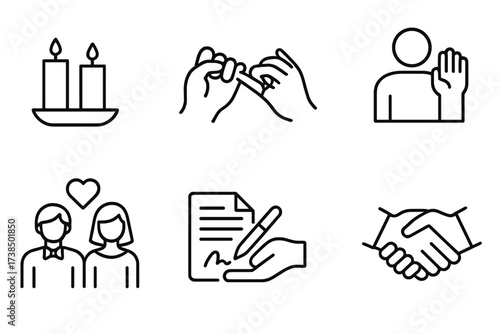 Promise Ritual Icons. Outline icon set of promise rituals: candle lighting, pinky swear, ring exchange, oath taking, vow renewal, signing paper, gift giving,