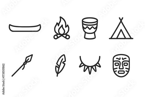 Tribal Lifestyle Icons. Outline icon set of tribal lifestyle: canoe, campfire, drum, tent, fishing spear, feather, necklace, mask. Line icons in only black