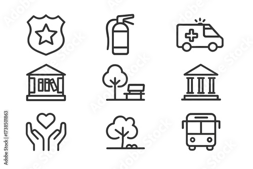 Public Services Icons. Outline icon set of public services: police badge, fire extinguisher, ambulance, public library, park, courthouse, social welfare,