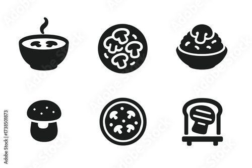 Mushroom Dish Icons. Solid, filled icon set of mushroom-based dishes: mushroom soup, sauteed mushrooms, mushroom risotto, stuffed mushroom, mushroom pizza,