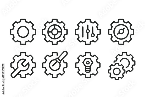 Digital Gear Icons. Outline icon set of digital gear symbols: settings gear, cogwheel, adjustment gear, control knob, gear with wrench, gear with screwdriver,