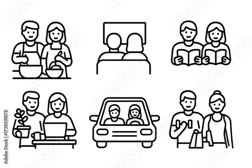 Couple Lifestyle Icons. Outline icon set of couple lifestyle: cooking together, watching TV, reading books, gardening, working on laptop, traveling by car,