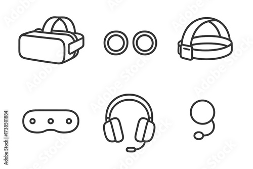 VR Headset Icons. Outline icon set of VR headset components: headset frame, lenses, adjustable strap, sensors, headphones, microphone,