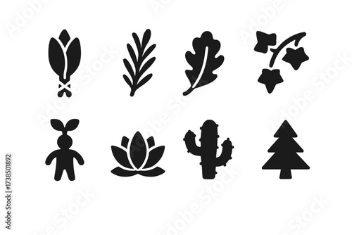 Ritual Plant Icons. Solid, filled icon set of ritual plants: sage, rosemary, oak, ivy, mandrake, lotus, cactus, cedar. Solid, filled icons in only black color.