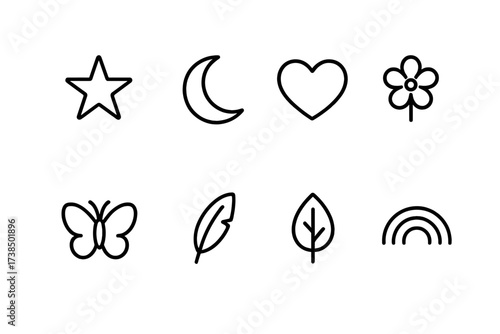 Affection and Nature Icons. Outline icon set of affectionate activities: reading together, cooking, watching movie, dancing, walking dog, painting, stargazing,