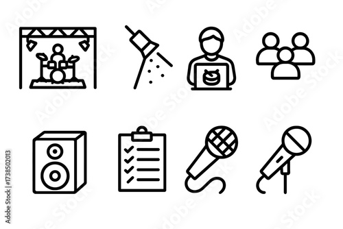 Electronic Drum Icons. Outline icon set of electronic drum performance: live stage, spotlight, sound engineer, mixer, crowd, monitor speaker, setlist, feedback