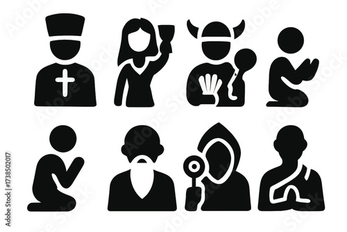 Ritual Icons Grid. Solid, filled icon set of ritual participants: priest, priestess, shaman, acolyte, worshiper, elder, druid, monk. Solid, filled icons in