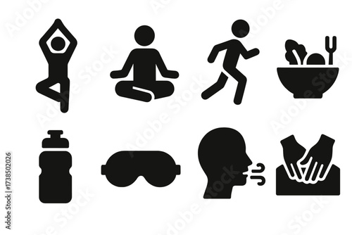 Wellness Icon Set. Solid, filled icon set of wellness activities: yoga pose, meditation, jogging, healthy meal, hydration bottle, sleep mask, deep breathing,