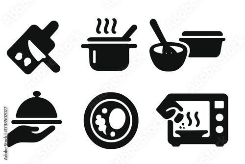 Nourishment Icon Set. Solid, filled icon set of nourishment meal prep: chopping, cooking, mixing, storing, serving, plating, seasoning, reheating. Solid,