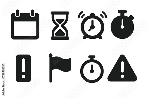 Deadline Icon Set. Solid, filled icon set of deadline symbols: calendar page, hourglass with sand, alarm clock ringing, stopwatch, exclamation mark, red flag,