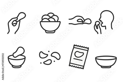 Chip Icon Set. Outline icon set of chip consumption: hand holding chip, chip bowl, dip bowl, sharing chips, eating chip, chip crumbs, chip bag open, empty
