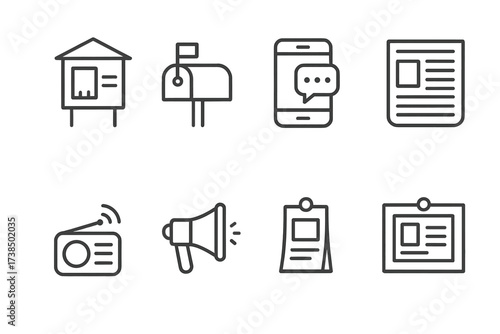 Black Icon Collections. Outline icon set of crowd technology: mobile phones, selfie sticks, live streaming, drones, headphones, VR headsets, camera flashes,