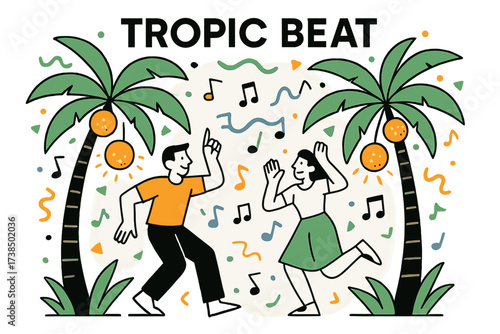 Tropic Beat Celebration. Coconut palms party. Palms decorated with glowing coconuts as lights, abstract music waves floating around, playful tropical confetti