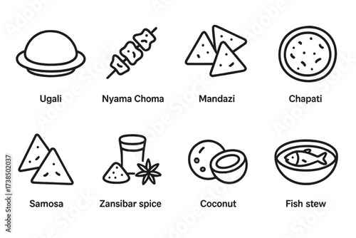 Tanzanian Icons and Cuisine. Outline icon set of Tanzanian cuisine: Ugali, Nyama Choma, Mandazi, Chapati, Samosa, Zanzibar spice, Coconut, Fish stew. Line