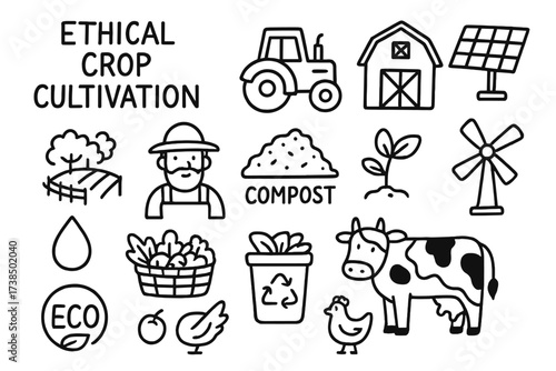 Eco-Friendly Farm Icons. Hand-drawn doodle illustration ethical crop cultivation crops, farm, tractor, barn, solar panel, water droplet, compost pile, farmer,