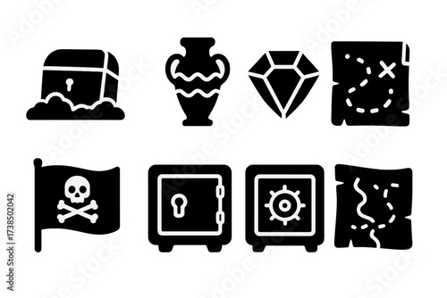 Black Treasure Icons. Solid, filled icon set of hidden treasures: buried chest, ancient relic, hidden gem, map with X, pirate flag, locked safe, secret vault,