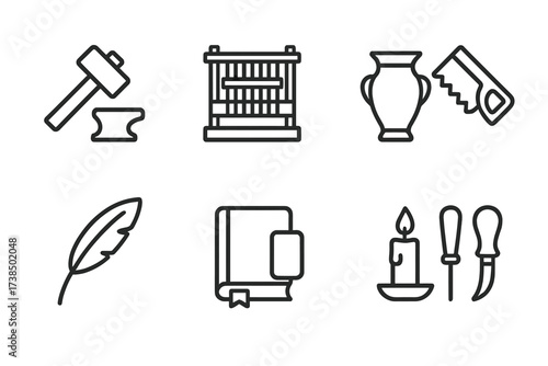 Noble House Crafts Icons. Outline icon set of noble house crafts: blacksmith hammer, weaving loom, pottery, carpenter saw, quill pen, book, candle, leather