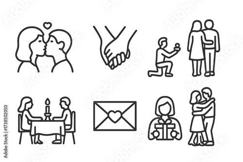 Romantic Icon Collection. Outline icon set of desire moments: first kiss, holding hands, proposal, romantic walk, candlelight dinner, love letter, surprise