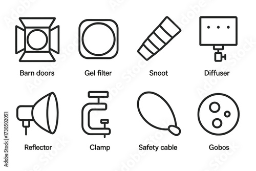 Outline Icon Sets. Outline icon set of lighting accessories: barn doors, gel filter, snoot, diffuser, reflector, clamp, safety cable, gobos. Line icons in only