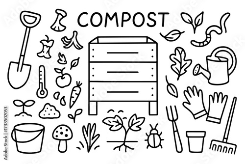 Garden Composting Doodle. Hand-drawn doodle illustration Garden composting compost bin, shovel, vegetable scraps, leaves, worms, watering can, gloves, rake,