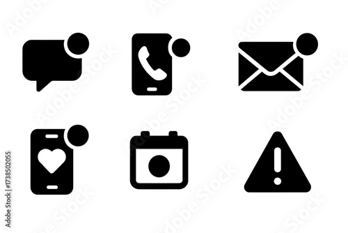 Mobile Notification Icons. Solid, filled icon set of mobile notifications: message alert, missed call, email notification, app update, social media alert,