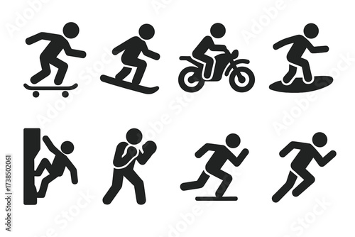 Action Sports Icons. Solid, filled icon set of boldness in action sports: skateboarder, snowboarder, motocross bike, surfer, rock climber, boxer, parkour jump,
