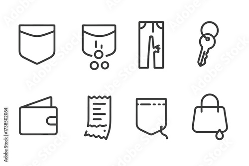 Careless Pocket Icons. Outline icon set of careless pockets: open pocket, falling coins, ripped jeans, lost keys, empty wallet, torn receipt, loose thread,