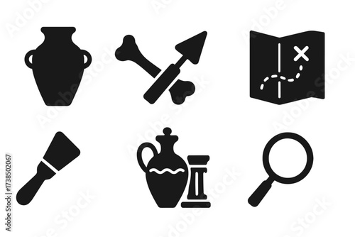 Archaeology Icon Set. Solid, filled icon set of archaeological discovery: ancient pottery, fossilized bone, excavation tools, map, brush, artifact, ruins,