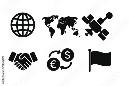 Global Concepts Icons. Solid, filled icon set of global concepts: globe, world map, satellite, network, handshake, shipping container, currency exchange,