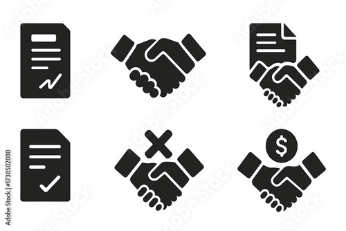 Negotiation Outcomes Icons. Solid, filled icon set of negotiation outcomes: contract, handshake, handshake with documents, signed agreement, rejected offer,
