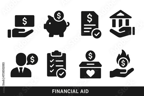 Financial Aid Icons. Solid, filled icon set of financial aid: money handout, piggy bank, loan document, bank assistance, financial advisor, budget plan,