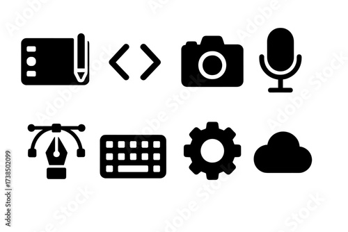 Freelance Tools Icon Set. Solid, filled icon set of freelance tools: graphic tablet, code bracket, camera, microphone, pen tool, keyboard, gear, cloud storage.