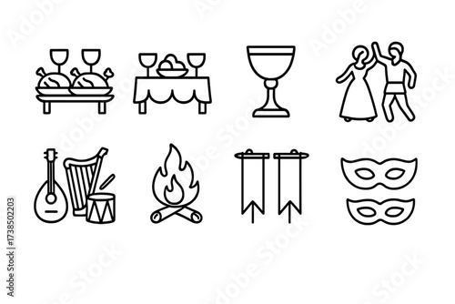 Noble House Celebration Icons. Outline icon set of noble house celebrations: feast, banquet table, goblet, dance, musical instruments, fire pit, banners,