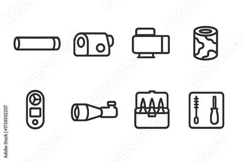 Sniper Rifle Accessories Icons. Outline icon set of sniper rifle accessories: suppressor, rangefinder, laser sight, camo wrap, wind meter, spotting scope, ammo