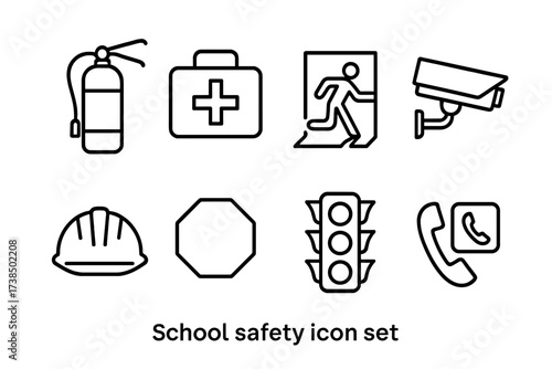 School Safety Icons. Outline icon set of school safety: fire extinguisher, first aid kit, emergency exit, security camera, safety helmet, stop sign, traffic