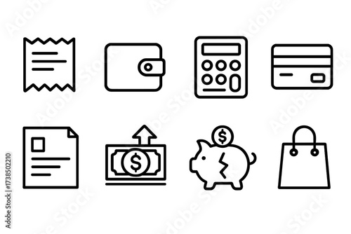 Finance Icons Grid. Outline icon set of expense: receipt, wallet, calculator, credit card, invoice, cash outflow, piggy bank breaking, shopping bag. Line icons