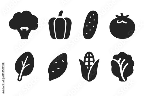 Vegan Vegetable Icons. Solid, filled icon set of vegan vegetables: broccoli, bell pepper, cucumber, tomato, spinach leaf, sweet potato, corn cob, lettuce.