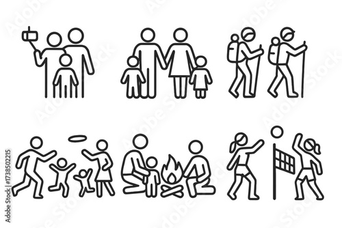 Vacation Activity Icons. Outline icon set of vacation family and friends: group selfie, holding hands, picnic, playing frisbee, hiking together, campfire