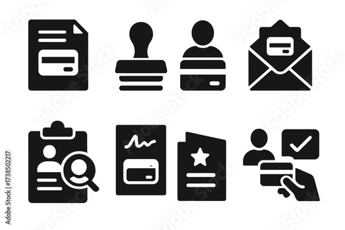 Credit Card Icons. Solid, filled icon set of credit card applications: form, approval stamp, ID verification, credit check, signature, welcome letter, card
