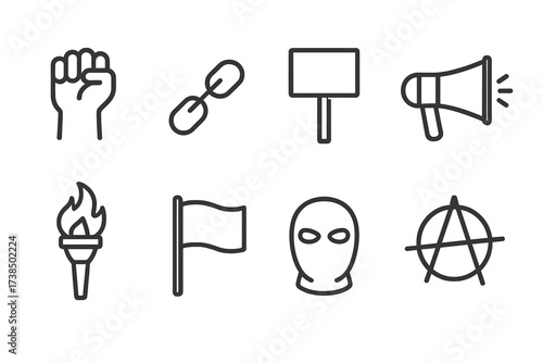 Rebellion Icon Set. Outline icon set of rebellion symbols: raised fist, broken chain, protest sign, megaphone, torch, flag, mask, anarchy symbol. Line icons in