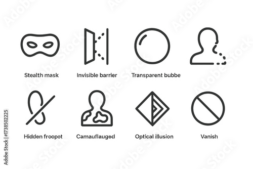 Invisibility Icon Set. Outline icon set of invisibility concepts: stealth mask, invisible barrier, transparent bubble, fading silhouette, hidden footprint,
