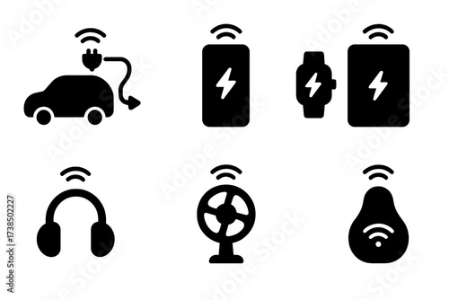 Wireless Charging Icons. Solid, filled icon set of wireless charging applications: electric vehicle, smartphone, wearable device, tablet, wireless mouse,