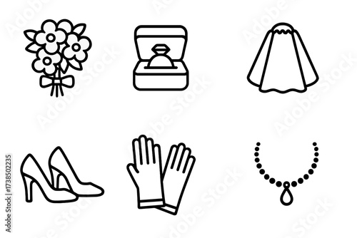Wedding Icon Set. Outline icon set of wedding accessories: bouquet, ring box, veil, boutonniere, shoes, gloves, tiara, necklace. Line icons in only black
