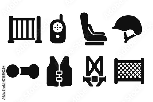 Child Safety Icons. Solid, filled icon set of child protection: safety gate, baby monitor, car seat, helmet, child lock, life jacket, safety harness, playpen.