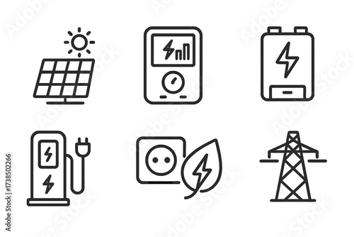 Smart Home Energy Icons. Outline icon set of smart home energy management: solar panel, energy monitor, smart meter, battery storage, electric vehicle charger,