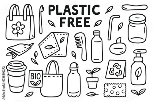 Plastic-Free Essentials Icons. Hand-drawn doodle illustration Plastic-free lifestyle essentials reusable bag, bamboo toothbrush, glass jar, metal straw, cloth