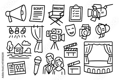 Director's Toolkit Doodles. Hand-drawn doodle illustration Theater director?s toolkit megaphone, script, director?s chair, clipboard, storyboard, camera,