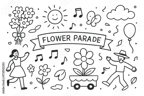 Flower Parade Doodle. Hand-drawn doodle illustration Flower parade flower bouquet, petal, float, butterfly, ribbon, balloon, people dancing, sun, music notes,