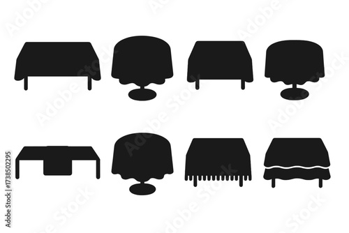 Tablecloth Icon Set. Solid, filled icon set of tablecloth shapes: rectangular, round, square, oval, runner, scalloped edge, fringed, layered. Solid, filled